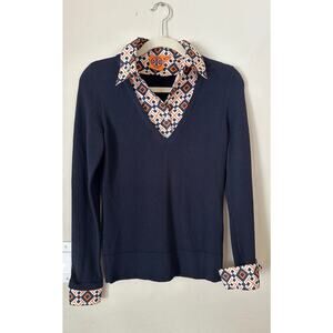 Tory Burch Navy V-Neck Wool Sweater